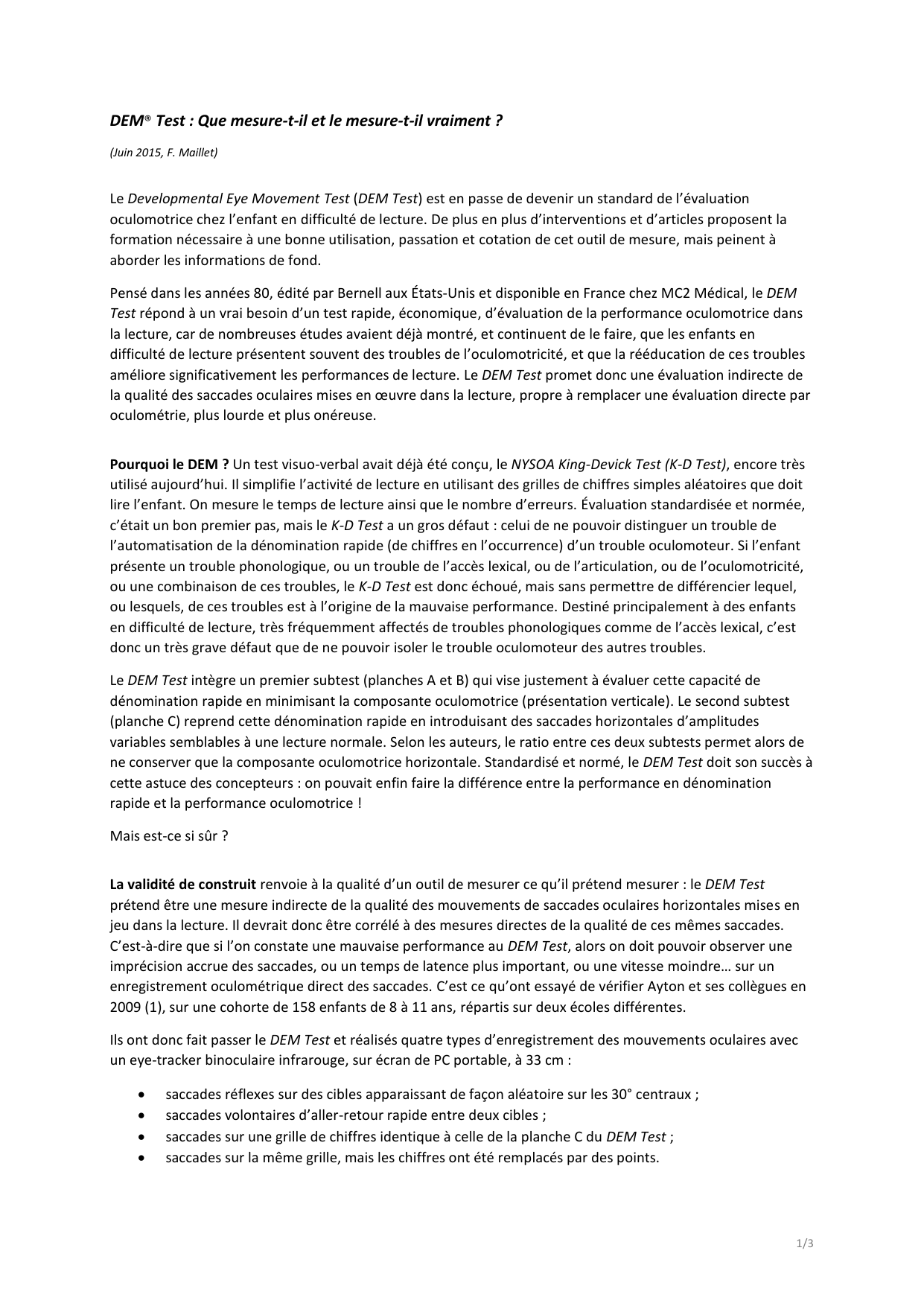 Première page de l'article 'DEMTest : Que mesure-t-il ?' par Frédéric Maillet