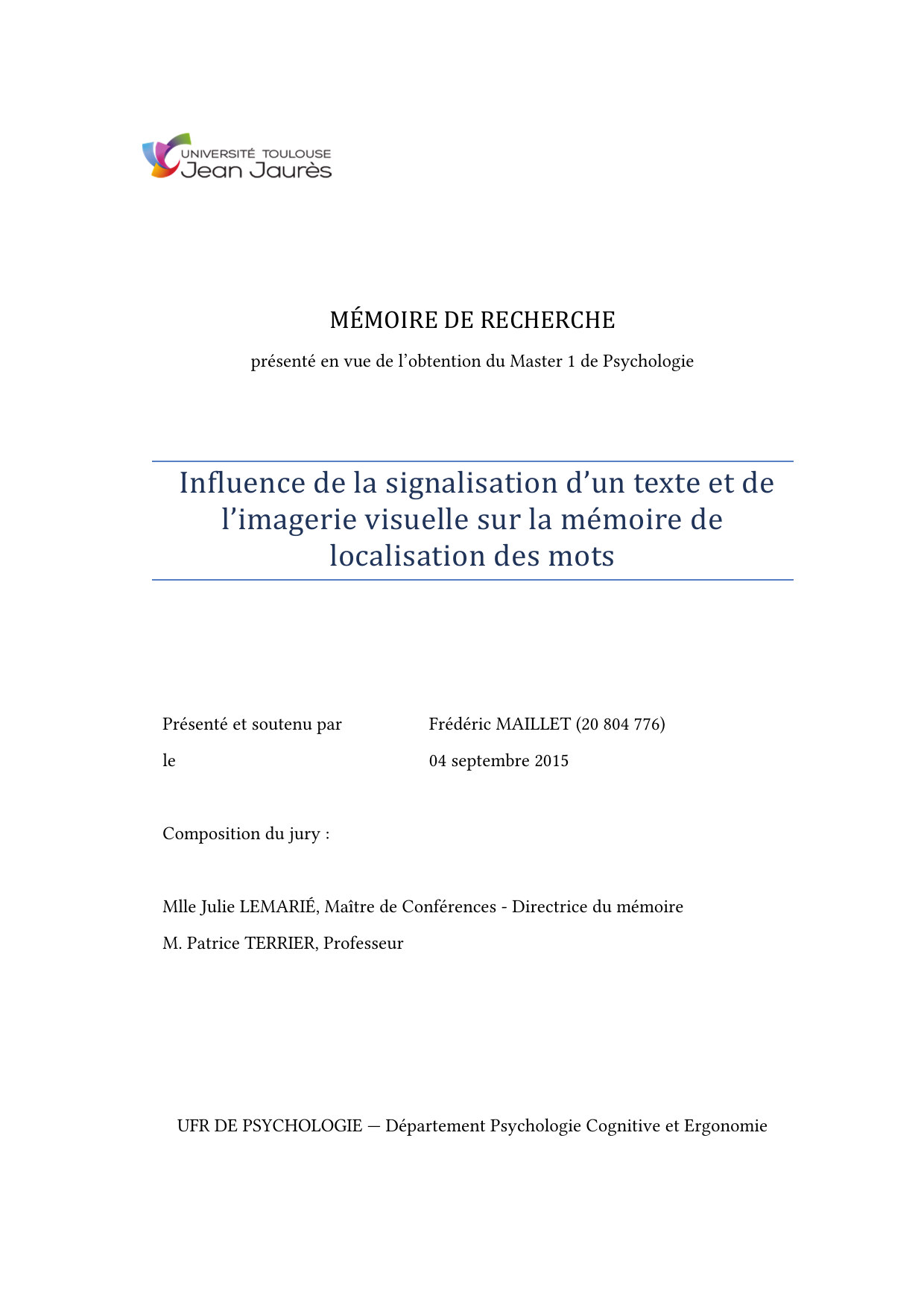 Première page du mémoire de Master 1 de Frédéric Maillet : 'Influence de la signalisation d'un texte et de l'imagerie visuelle sur la mémoire de localisation des mots'