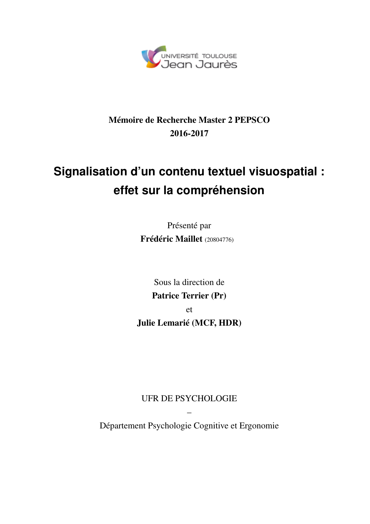 Première page du mémoire de Master 2 de Frédéric Maillet : 'Signalisation d'un contenu textuel visuospatial : Effet sur la compréhension'