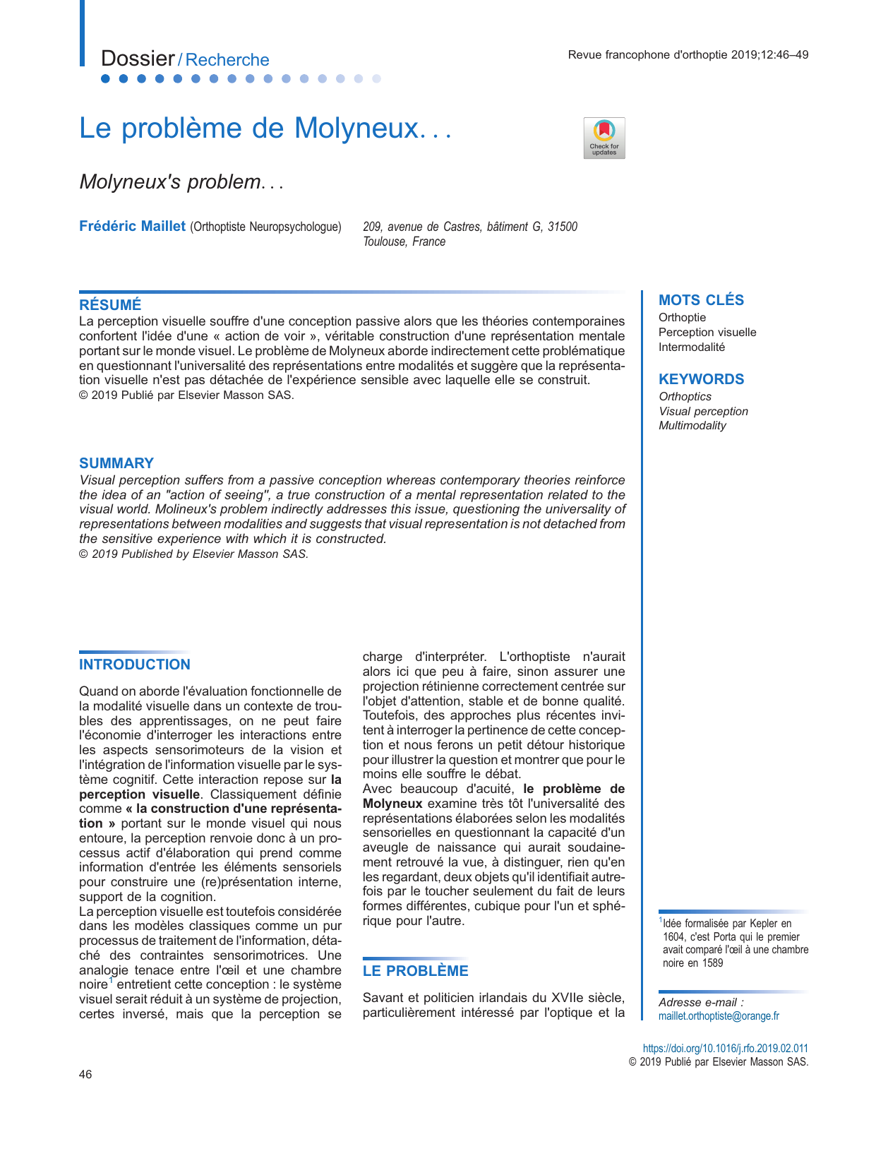 Première page de l'article 'Le problème de Molyneux...' par Frédéric Maillet