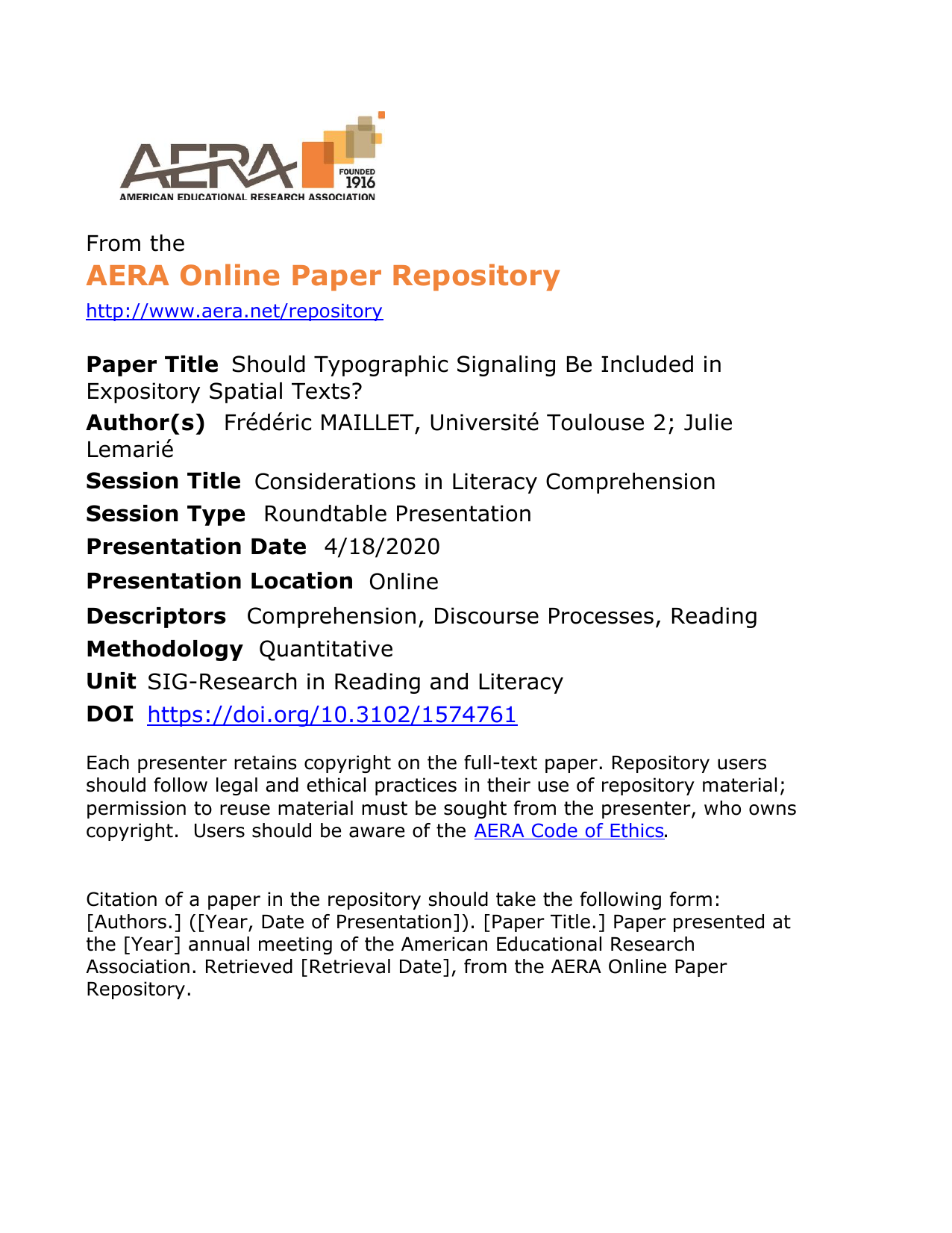 Première page de l'article 'Should Typographic Signaling Be Included in Expository Spatial Texts?' par Frédéric Maillet