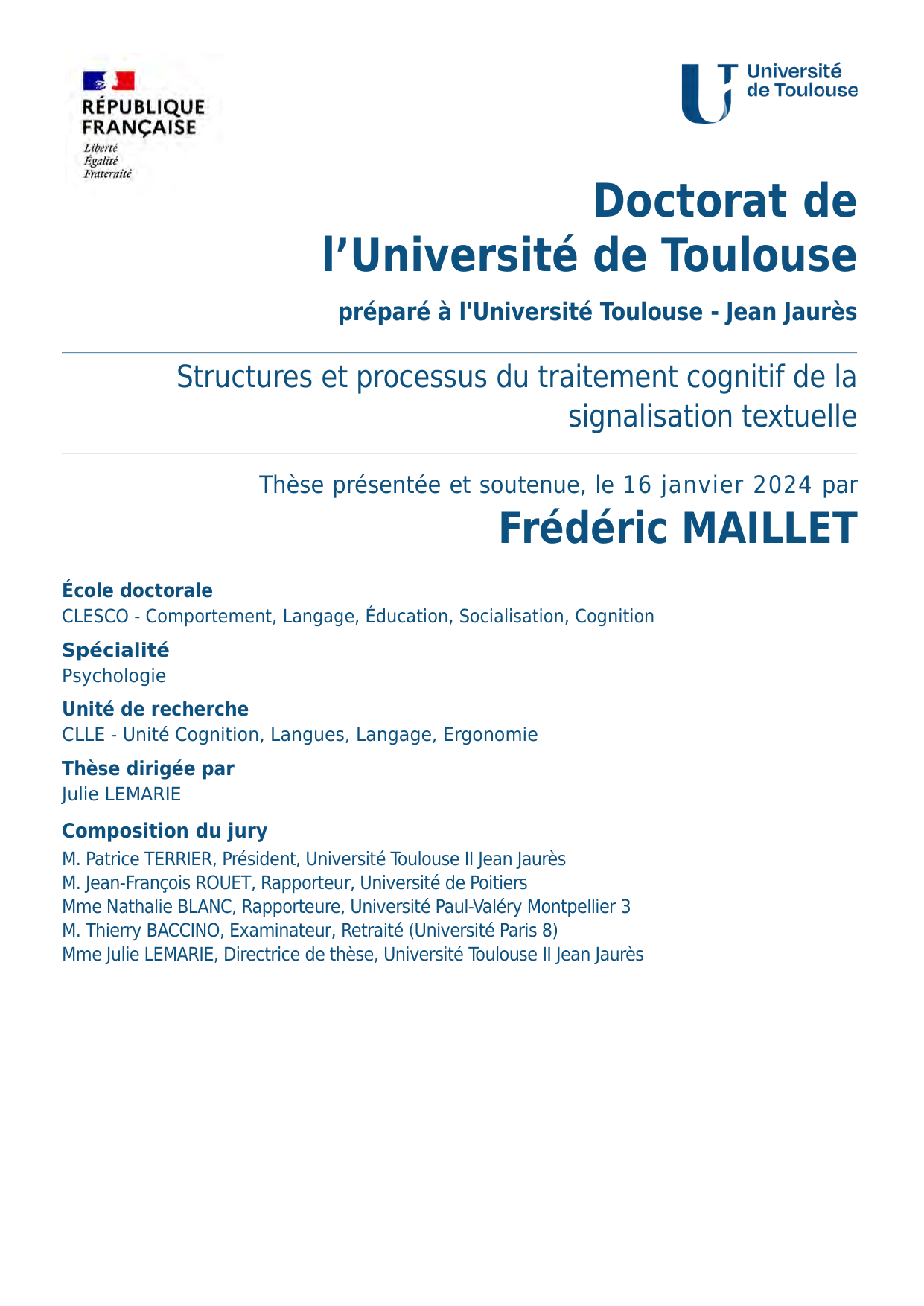 Première page de la thèse de doctorat de Frédéric Maillet : 'Structures et processus du traitement cognitif de la signalisation textuelle'