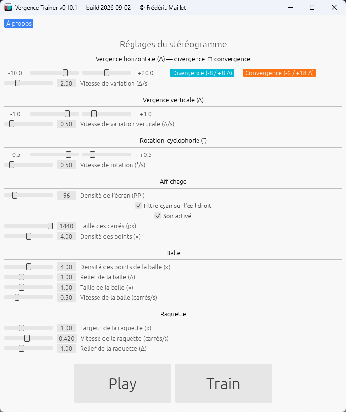 Capture d'écran du logiciel Vergence Trainer montrant les réglages du stéréogramme : vergence horizontale, verticale, rotation, affichage, balle et raquette