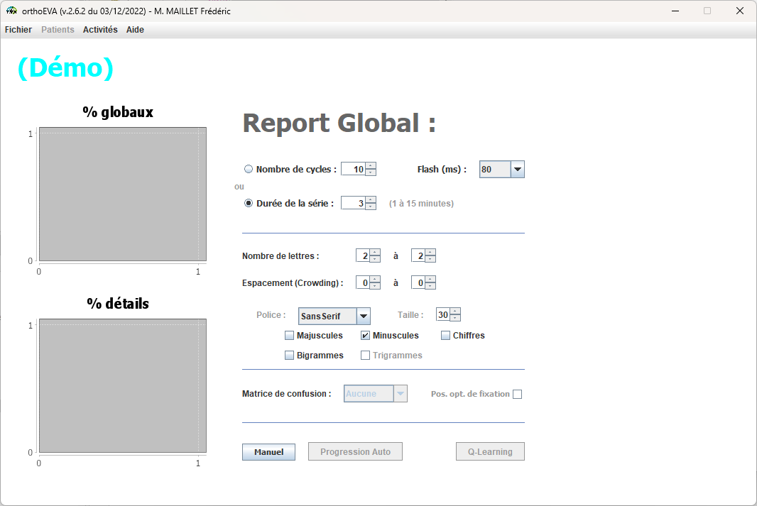 Capture d'écran du logiciel orthoEVA montrant l'interface d'entraînement visuo-attentionnel avec les différents exercices et paramètres de configuration